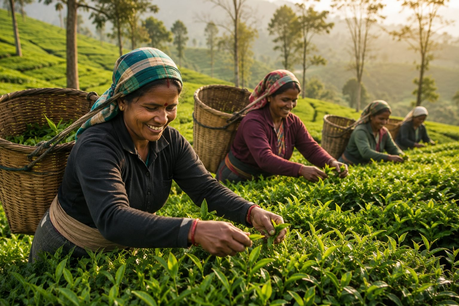 Tea garden workers hand-picking fresh green leaves for BTC Hunter Tea