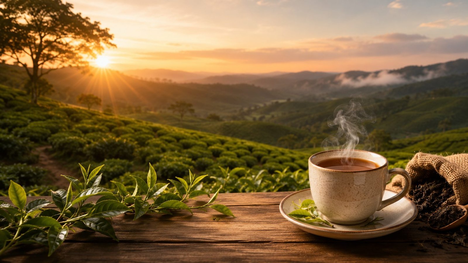 A steaming cup of tea overlooking the tea garden